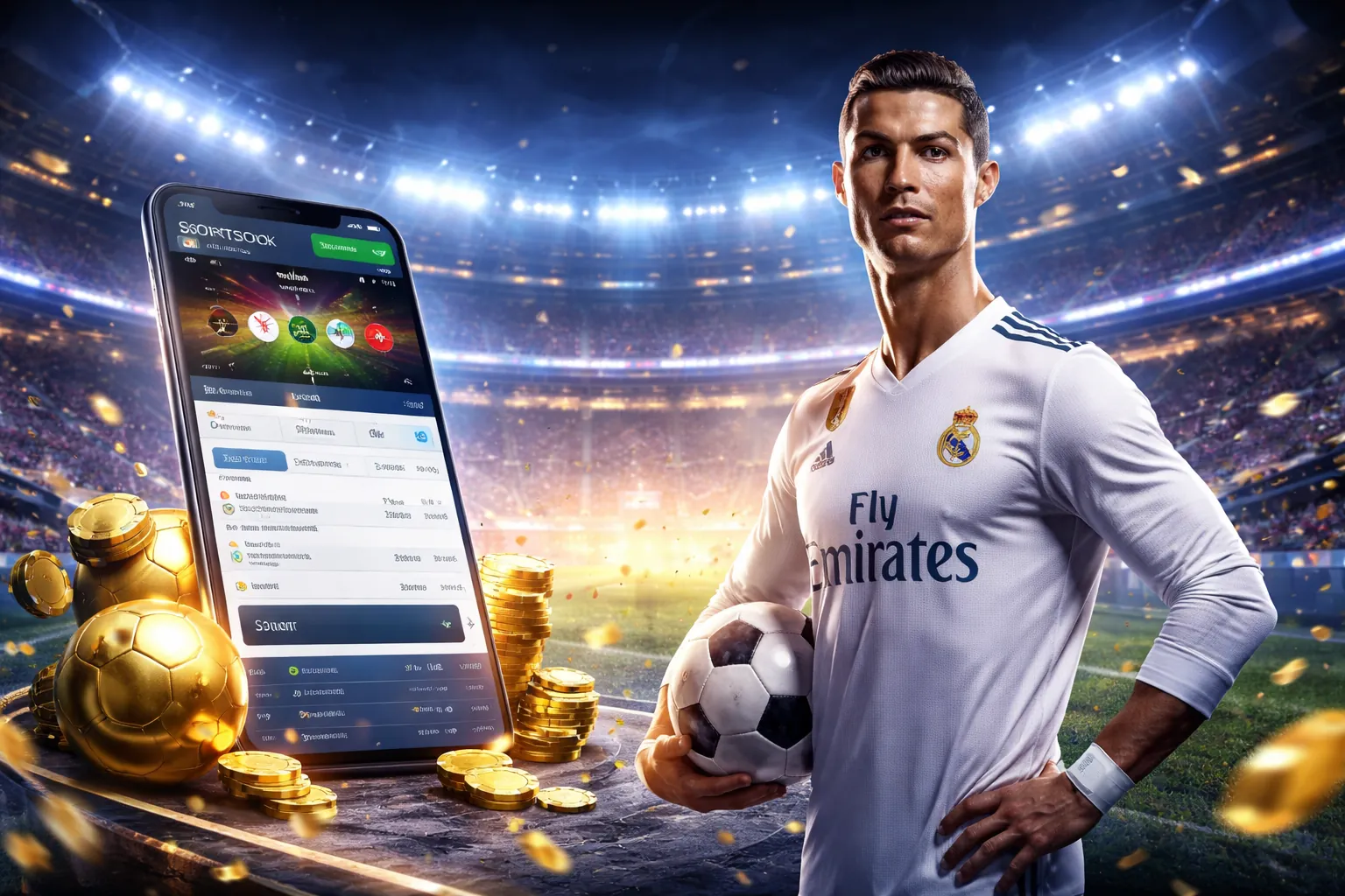 Sân vận động thể thao với ánh đèn rực rỡ và logo fa8bet